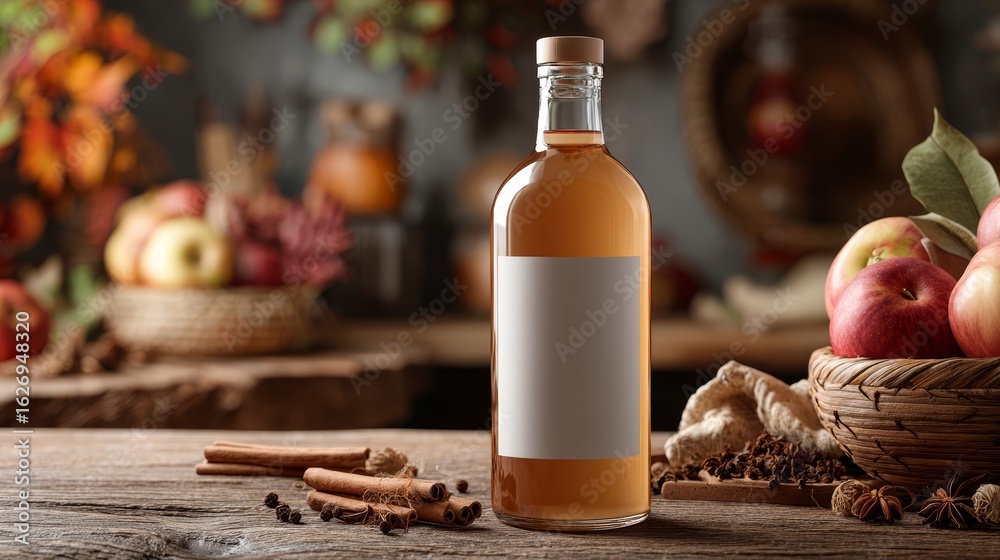 Naklejka premium Blank bottle label mockup with apple cider ingredients. Wooden table surface. Cozy autumn kitchen