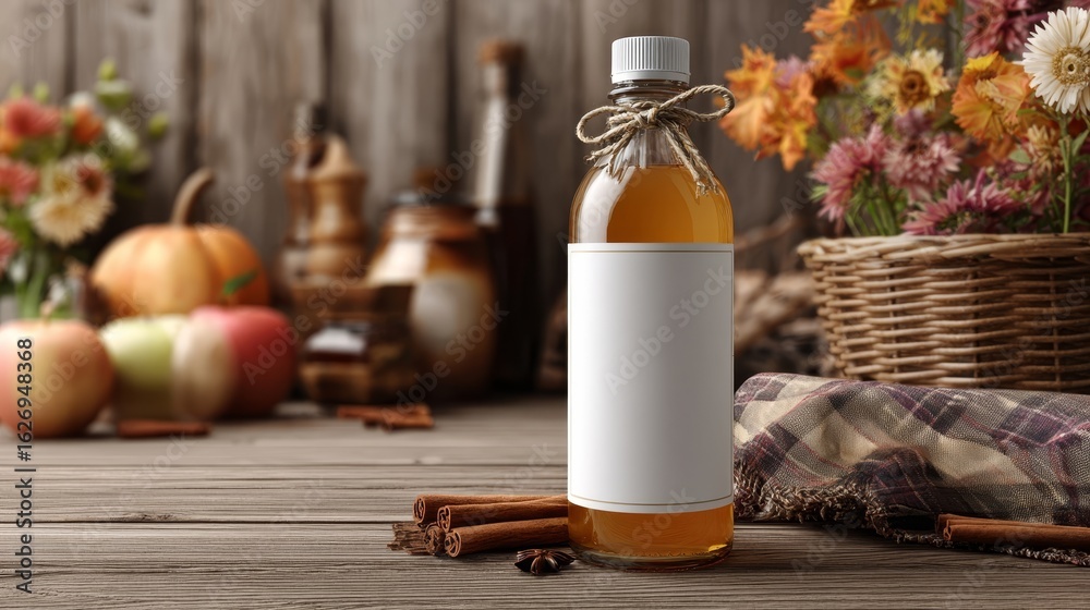 Fototapeta premium Blank bottle label mockup with apple cider ingredients. Wooden table surface. Cozy autumn kitchen