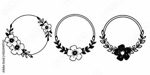 Three floral wreaths with different flower arrangements in a simple black and white line drawing style created with generated ai