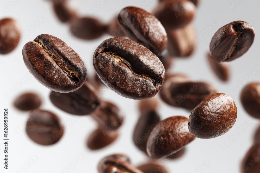 Fototapeta premium Coffee beans floating against a white background in a high-angle view, showcasing their rich texture and natural colors.