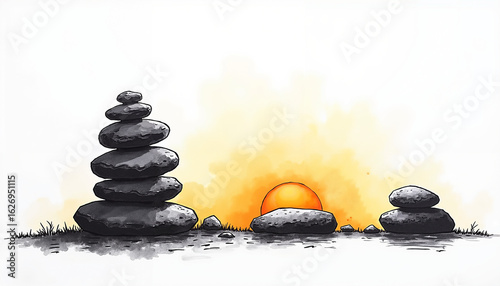 Stacked stones silhouette against sunset background in tranquil scene  