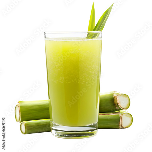 Sugarcane Juice in a glass with Sugarcane Stalks isolated on a White Background
