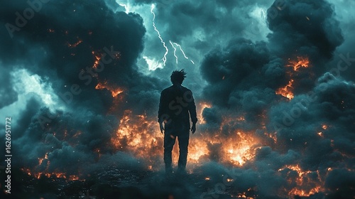 Stormy Inferno: Man Facing Apocalypse