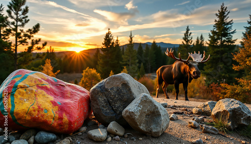 Moose standing near colorful rock with sunset in forest landscape  