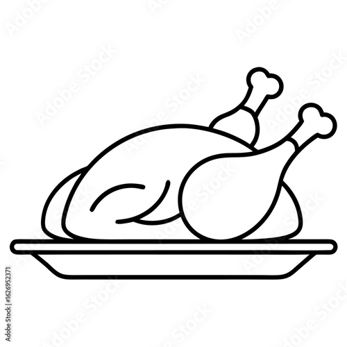 Roasted chicken or turkey on a platter line icon. Thanksgiving dinner and food symbol.