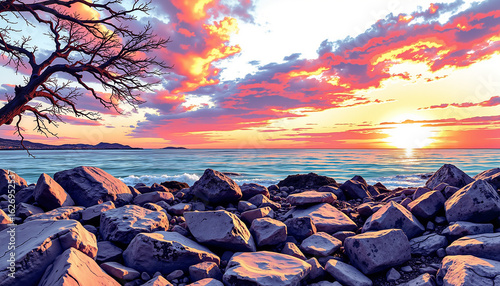 Sunset over rocky coastline with colorful sky and silhouette tree  
