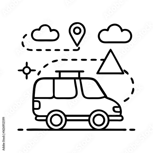 Van life road trip adventure travel destination planning with route map and location pin icon