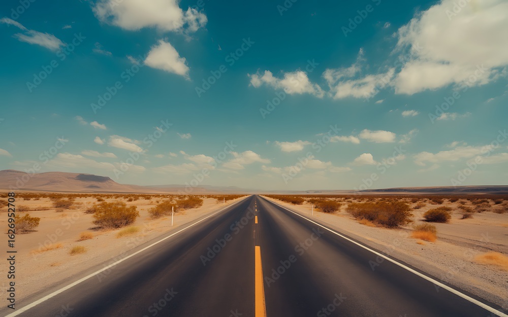 Naklejka premium Endless Desert Highway with Blue Sky and Clouds A Journey Through the American Southwest Road Trip