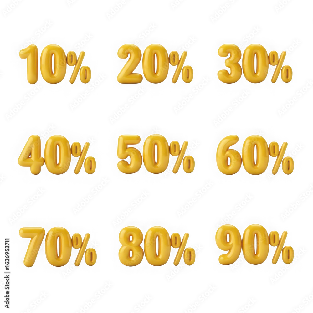 Fototapeta premium Collection of golden percentage discount numbers isolated on transparent background