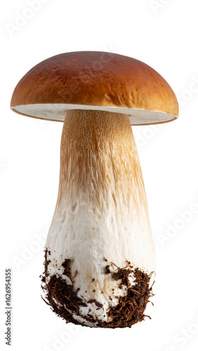 Fresh penny bun mushroom with soil on transparent background