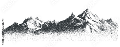 Abstract grunge texture of dotted mountain range with vintage halftone and speckled noise. Photocopy-style vector landscape featuring snowy hills and rough grain overlay