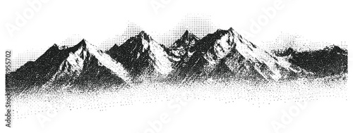 Vintage halftone dotted mountain range with grainy grunge texture overlay. Retro vector landscape of snowy hills with rough photocopy effect, speckled noise, and textured pointillist design