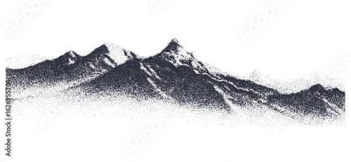 Grainy retro halftone overlay of snowy mountain peaks in pointillist dotted style. Vintage textured photocopy effect with rough grunge noise on layered terrain landscape vector, abstract mountain