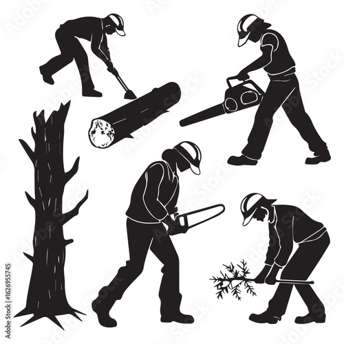 Silhouettes of lumberjacks working with trees and wood isolated on white background, a set of workers with chainsaw, axe, and other equipment, cutting logs and branches in the forest