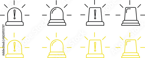 Siren icon set, vector of emergency alarm and police light symbols in  style, warning signal collection, alert beacon, flashing lamp, safety bundle isolated on transparent background.