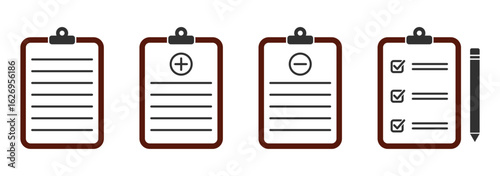 Clipboard thin line icon set vector. Checklist on the clipboard line icon with checkmarks, checklist, document, pencil. Clipboard outline icons. Checklist symbol. Editable stroke. 