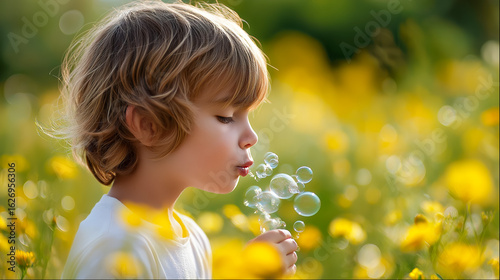 Fototapeta Naklejka Na Ścianę i Meble -  Happy child blowing soap bubbles surrounded by yellow wildflowers in summer sunlight