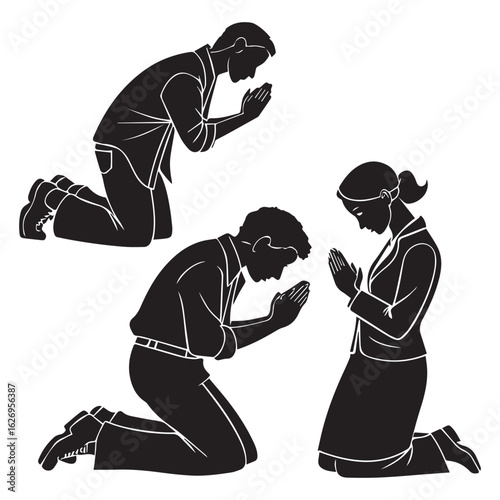Silhouettes of people kneeling in prayer, expressing faith, hope, and devotion in worship, reflecting spiritual connection and religious belief isolated on white background