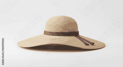 A classic beige straw sun hat with a wide brim and a brown ribbon. This elegant fashion accessory is an isolated vector element for summer design