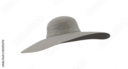 Stylish grey wide-brimmed summer hat for women. Elegant floppy headwear accessory for sun protection, isolated vector illustration