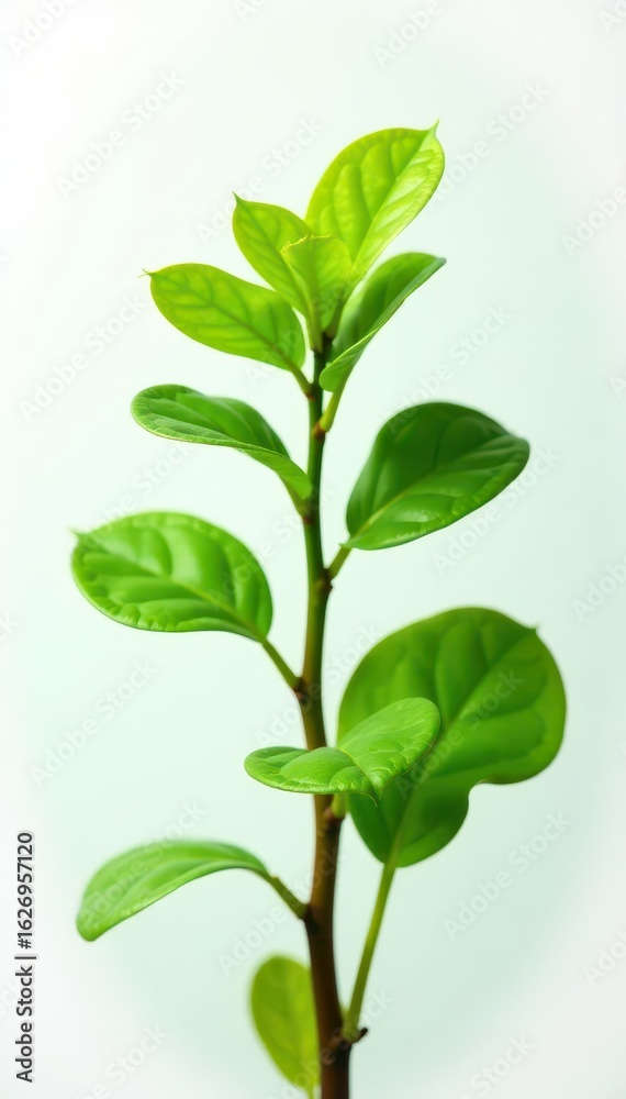 Obraz premium Close-up of isolated long stemmed Anubias plant with curly leaves on white background, greenery, aquatic plant species