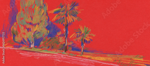 Colourful hand painted landscape. Colored pencils on paper. Versatile artistic image for creative design projects: posters, banners, websites, cards, prints and wallpapers. Artist-made art.