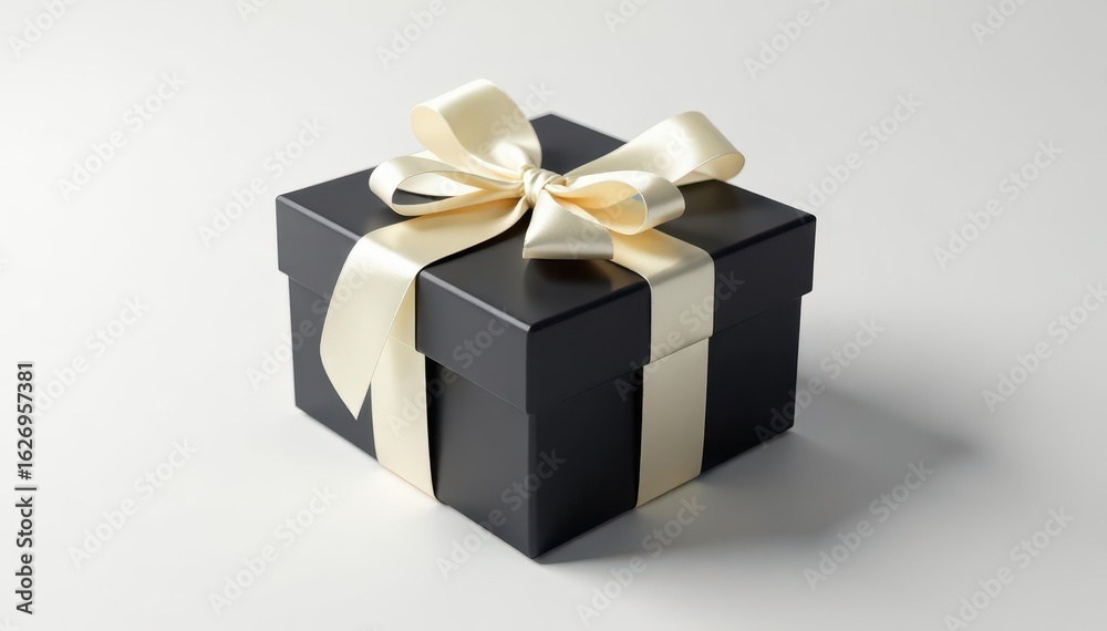 Obraz premium Elegant black gift box with ivory ribbon, pristine white background, marketing, occasion
