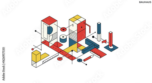 Isometric bauhaus geometric design with primary colors and abstract architecture