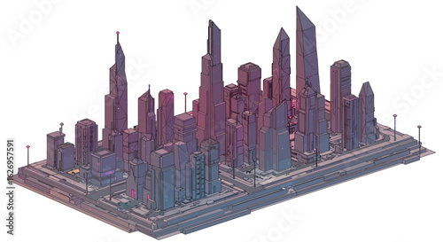Futuristic isometric cityscape with geometric skyscrapers and technology elements