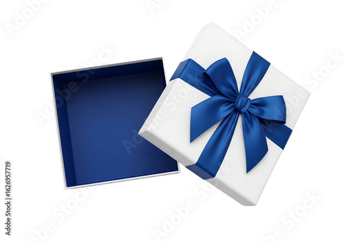 Open white gift box with a blue ribbon bow. Empty present box for surprise. Isolated on transparent background, png