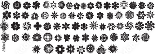 Collection of Black Geometric Flower Shapes, Abstract Mandala and Starburst Icons, Spirograph Pattern Set