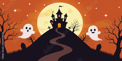 A captivating Halloween-themed illustration depicting a dark silhouette of a castle on a hill at night.