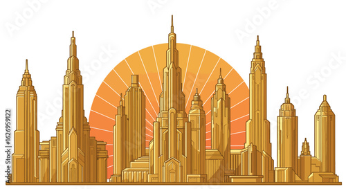 Art deco skyscraper skyline with sunset background in retro style