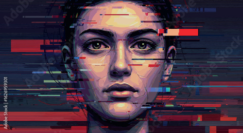 Glitch art style digital portrait of a woman with futuristic abstract elements