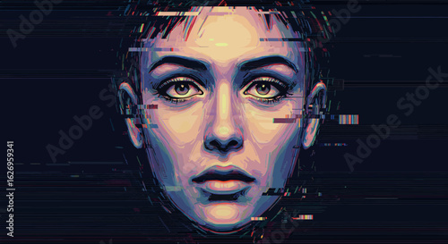 Vibrant glitch portrait of a woman's face in futuristic style