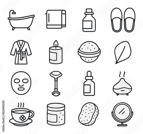 Spa and wellness icons: aromatherapy, relaxation, skincare essentials on gray background