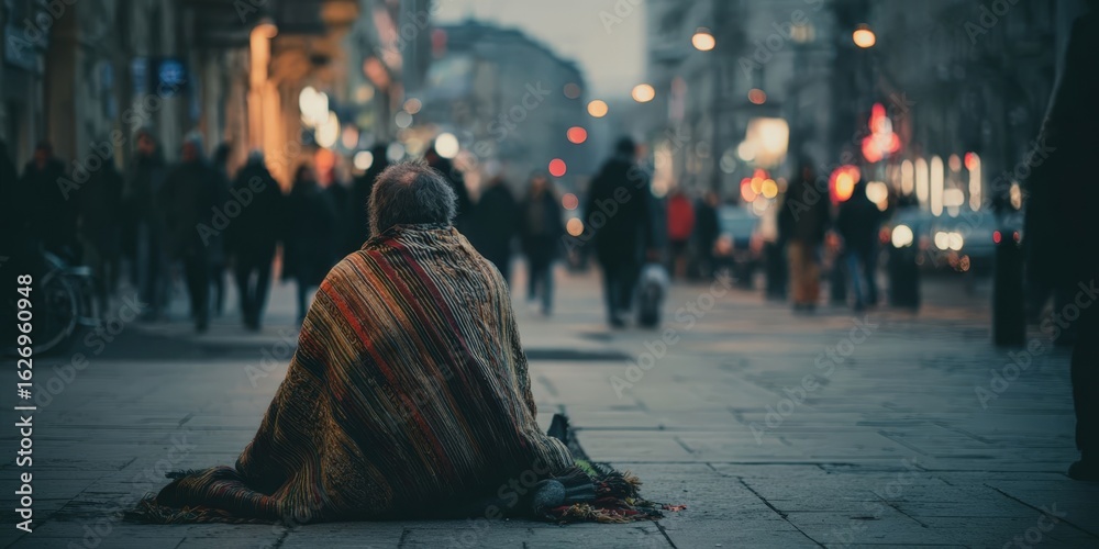 Obraz premium Homeless Man Sitting Alone on Cold Winter Street Wraps in Threadbare Blankets