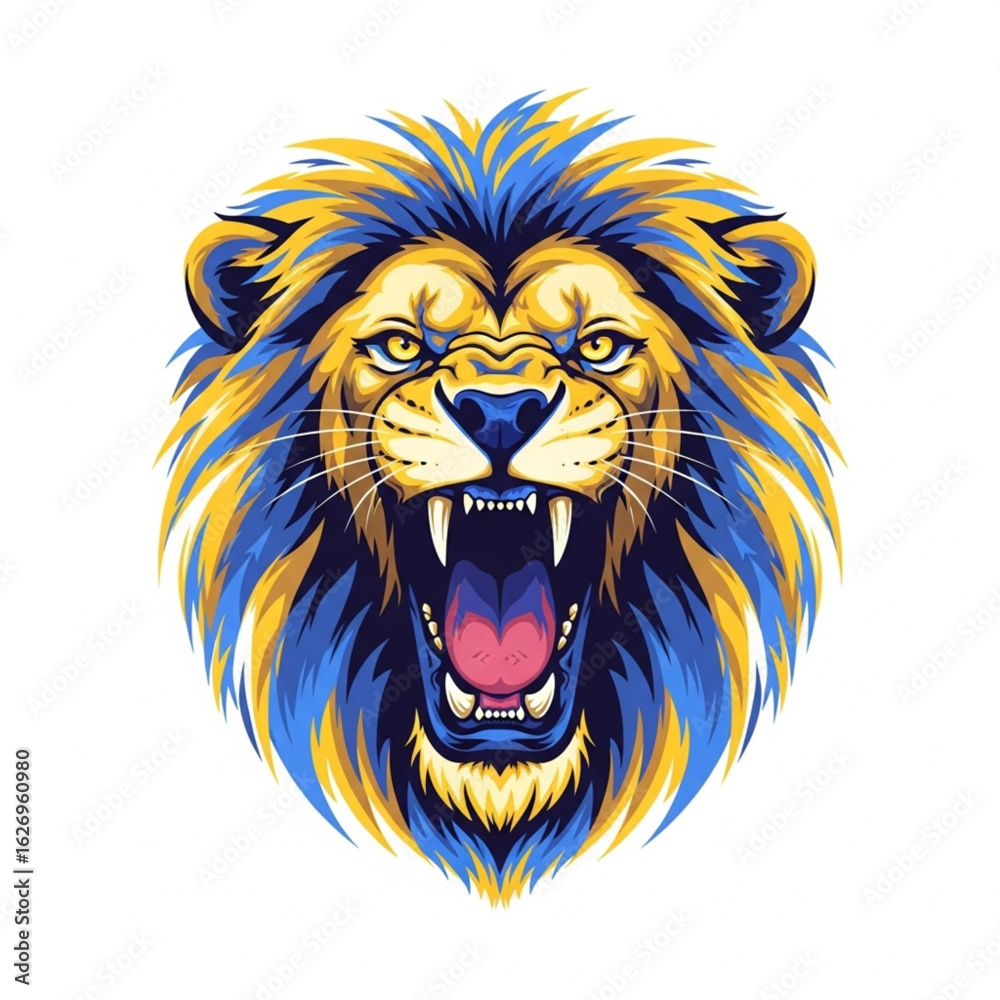 Obraz premium Flat Vector Illustration of Roaring Lion Head with Torn Brush Edges and Bold Neon Highlights on White Background