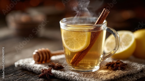 Hot toddy cocktail with lemon slice, honey, cinnamon stick in clear glass mug