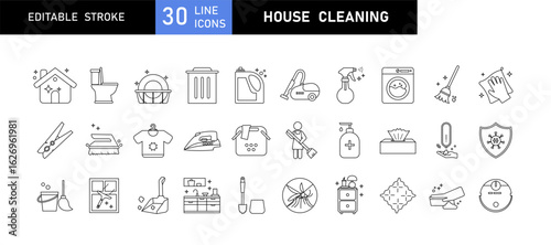 House Cleaning Line Icon Set. Cleaning tools, equipment, hygiene symbols. Editable stroke vector illustration