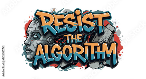 Graffiti style robot face with message resist the algorithm in bold colors