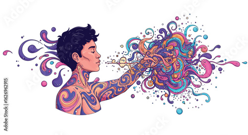 Colorful abstract portrait with swirling elements and dynamic patterns