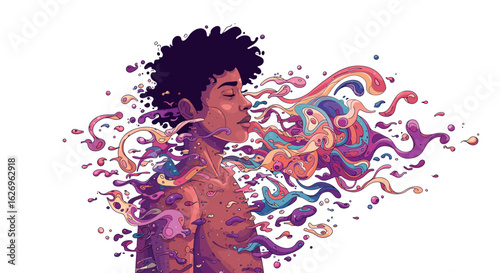 Colorful dreamy surreal portrait with flowing abstract shapes