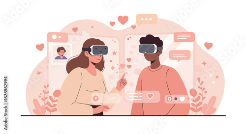 Couple experiencing virtual reality together with futuristic interface elements