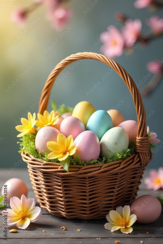 Naklejka premium A woven basket overflowing with vibrant Easter eggs and spring blossoms , painted eggs, blossom, bright