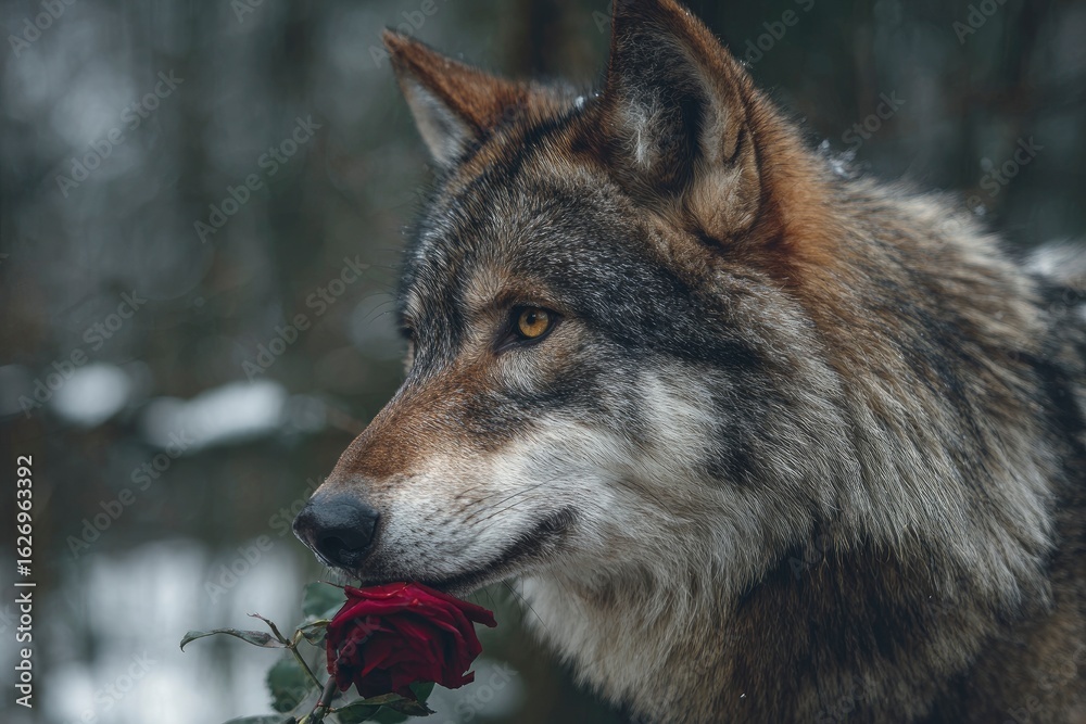 Obraz premium Wolf sniffs a red rose against a blurry gray background