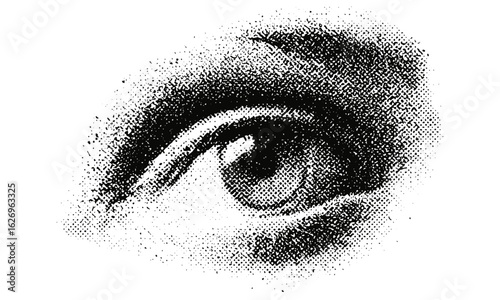 Y2K grunge angry eye vector with halftone stipple effect and vintage photocopy look, ideal for gothic surreal collage posters and banners, retro punk texture, dot tattoo style, bitmap grain