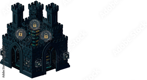 Isometric cybersecurity fortress with digital lock icons and data protection elements