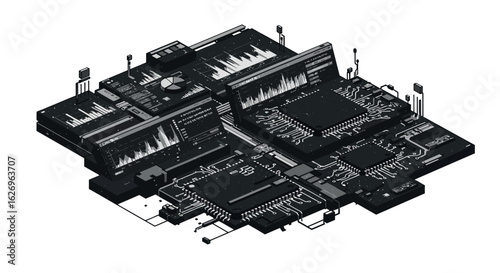 Isometric circuit board with digital interface elements and graphs