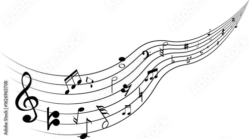Musical notes on wavy staff lines silhouette vector
